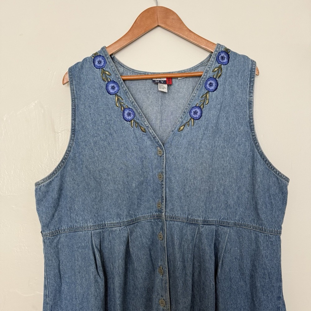 Vtg JL NY Dress Womens 1X Blue Denim Jean Button Front Maxi 90s Embroidered